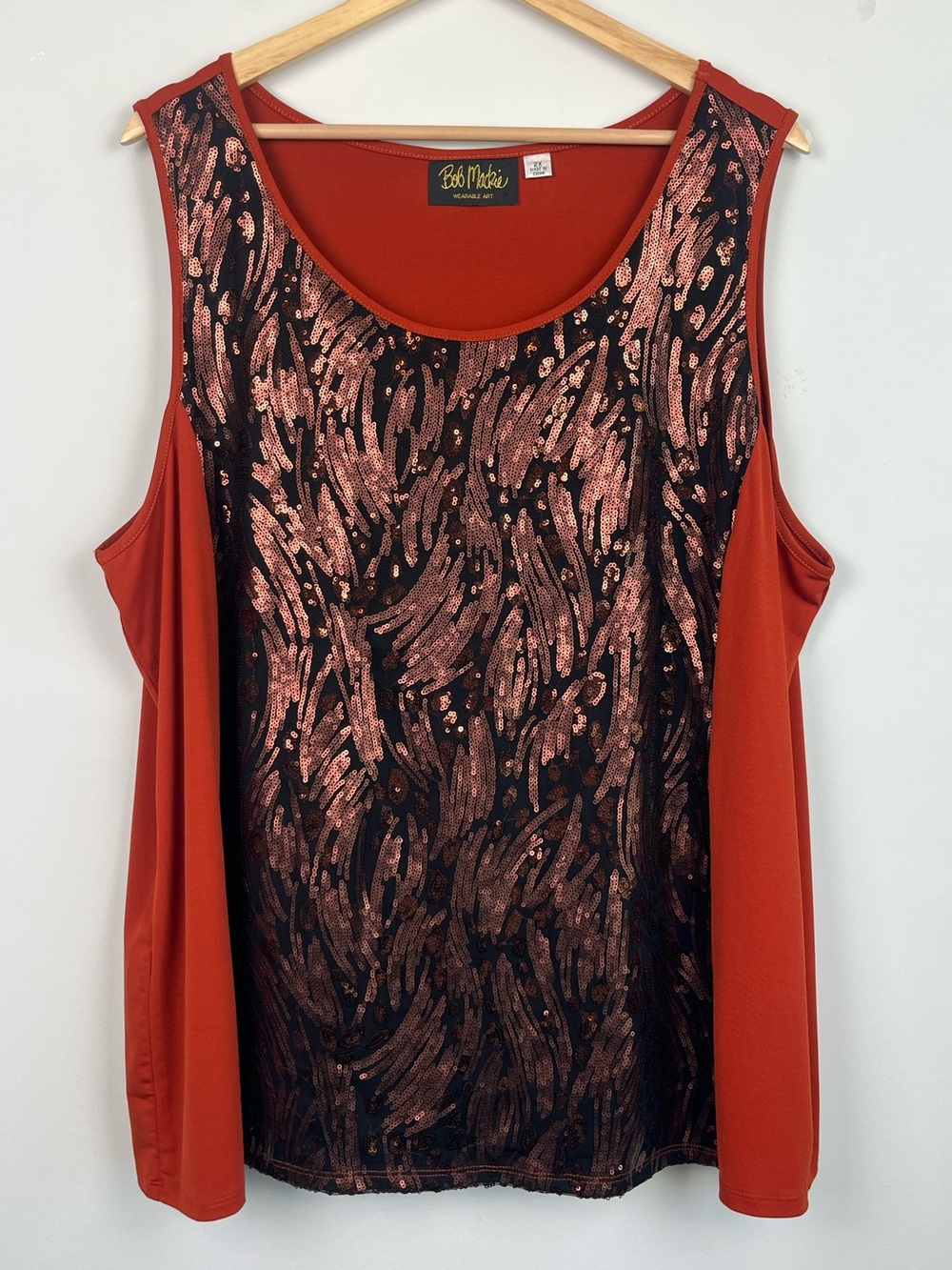 Bob Mackie Wearable Art burnt orange sequin embellished sleeveless top, 2X.